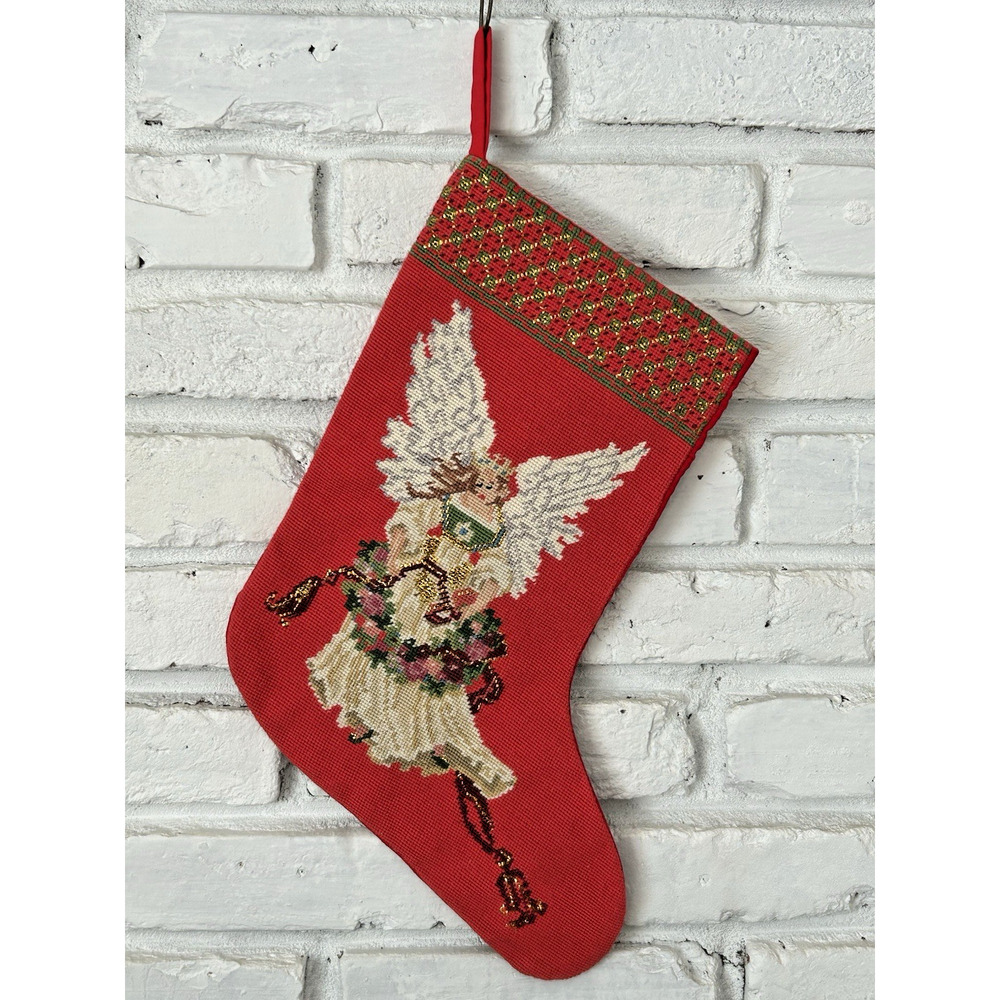 VTG Tapestry Needlepoint Christmas Stocking Angel Red Velvet Victorian 14"